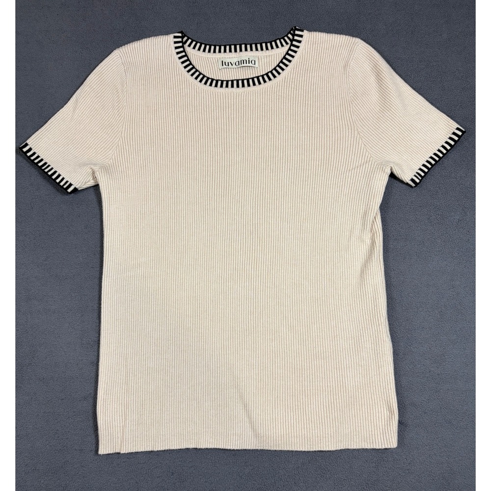 luvamia Ribbed Knit Top Womens Size M Beige Short Sleeve Striped Trim LC25224615